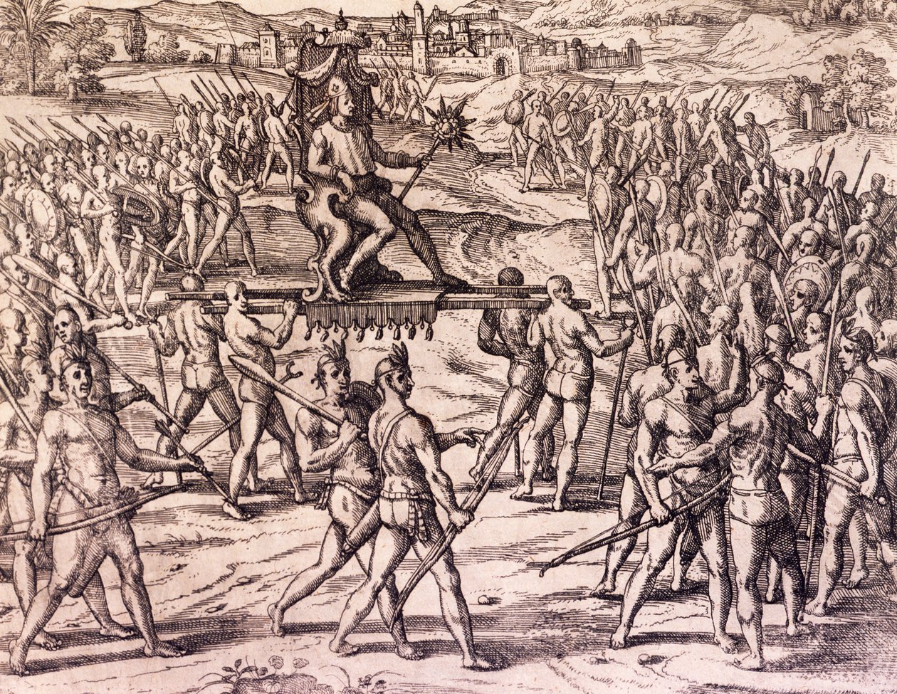 Emperador Inca Atahualpa derrotado por las tropas españolas de Francisco Pizarro, Perú, grabado de Historia Americana por Theodore de Bry, Frankfurt de Theodore de Bry