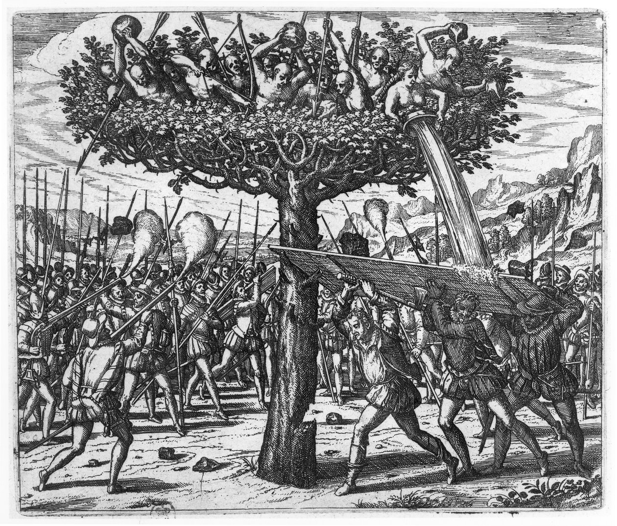 Indios en un Árbol Lanzando Proyectiles a los Españoles de Theodore de Bry
