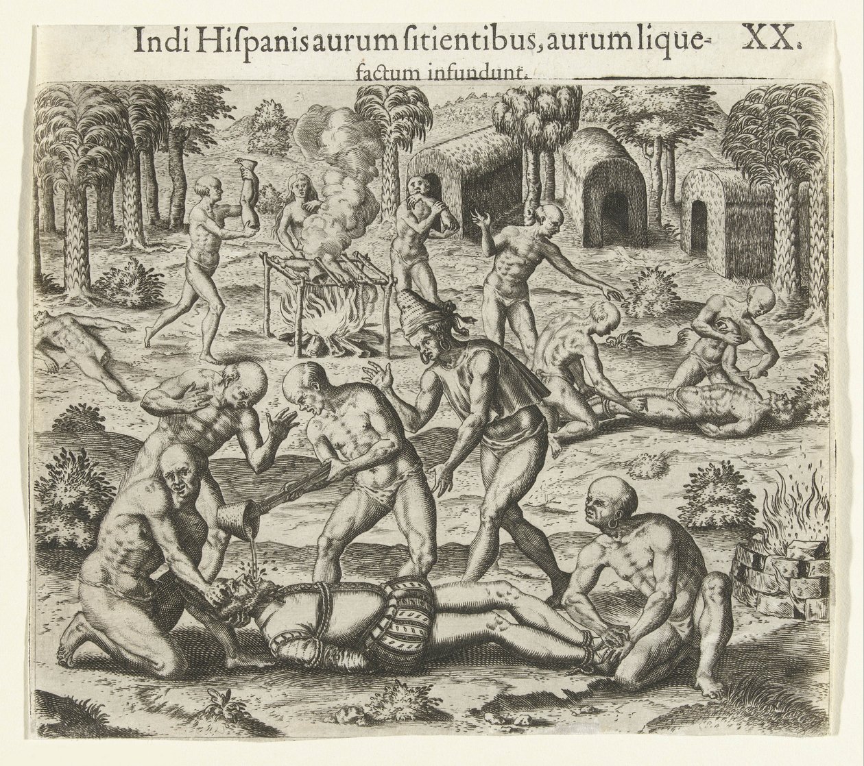 Indios vertiendo oro líquido en la boca de un español, 1594 de Theodore de Bry