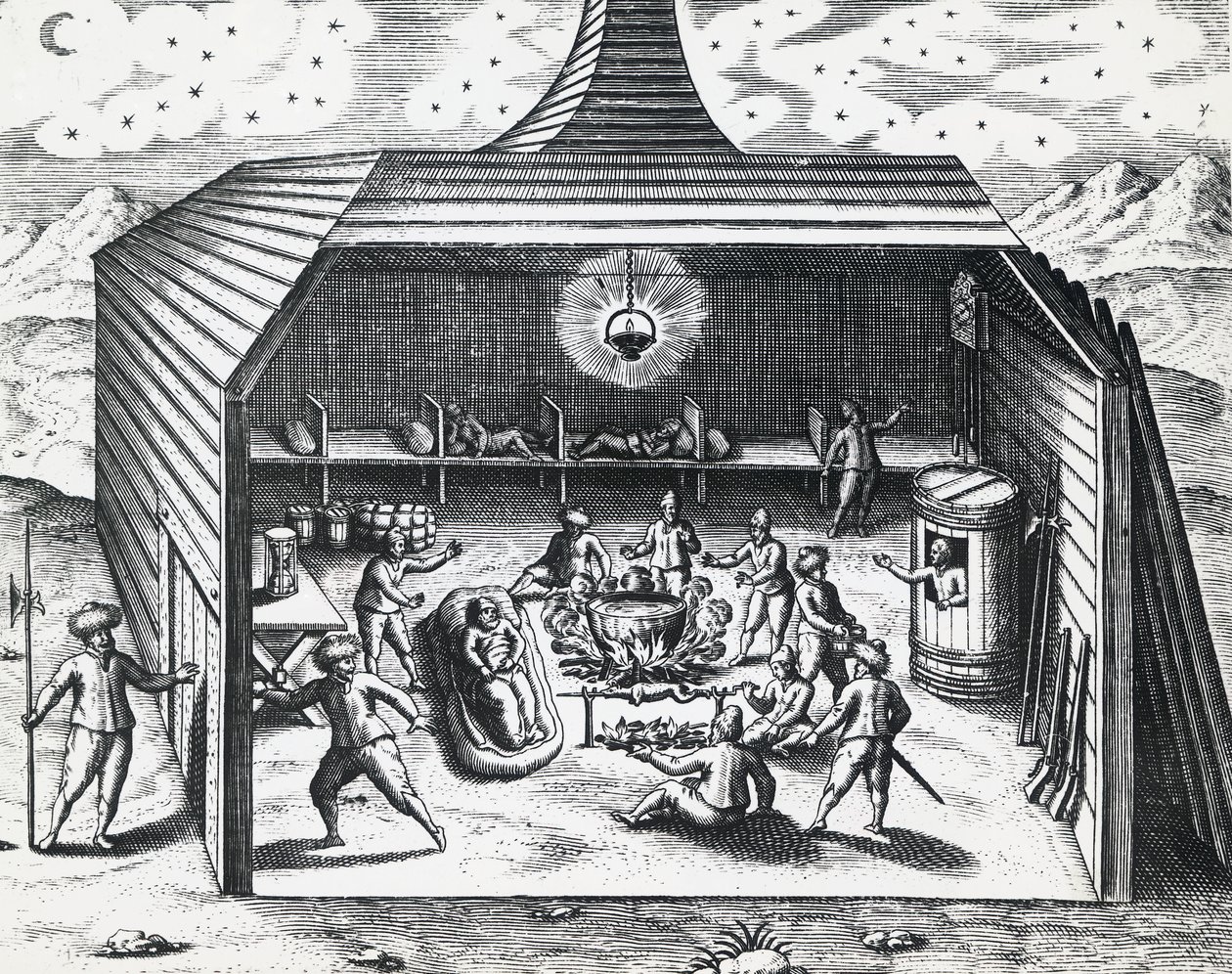 Interior de la casa de invierno de William Barents en el archipiélago ruso de Novaya Zemlya, por Theodor de Bry, grabado de Theodore de Bry