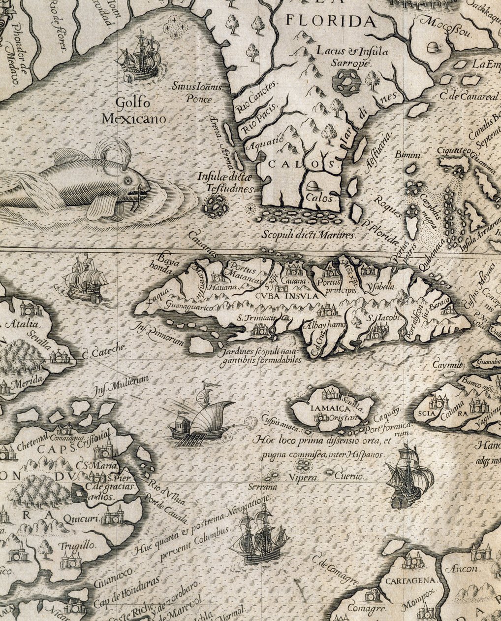 Isla de Cuba, Florida y Golfo de México, grabado de Historia de los grandes viajes americanos de Theodore de Bry
