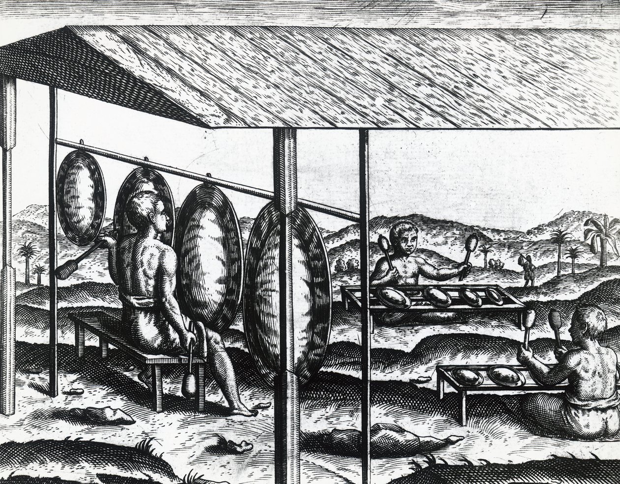 Instrumentos musicales javaneses, por Theodor de Bry, grabado de Theodore de Bry