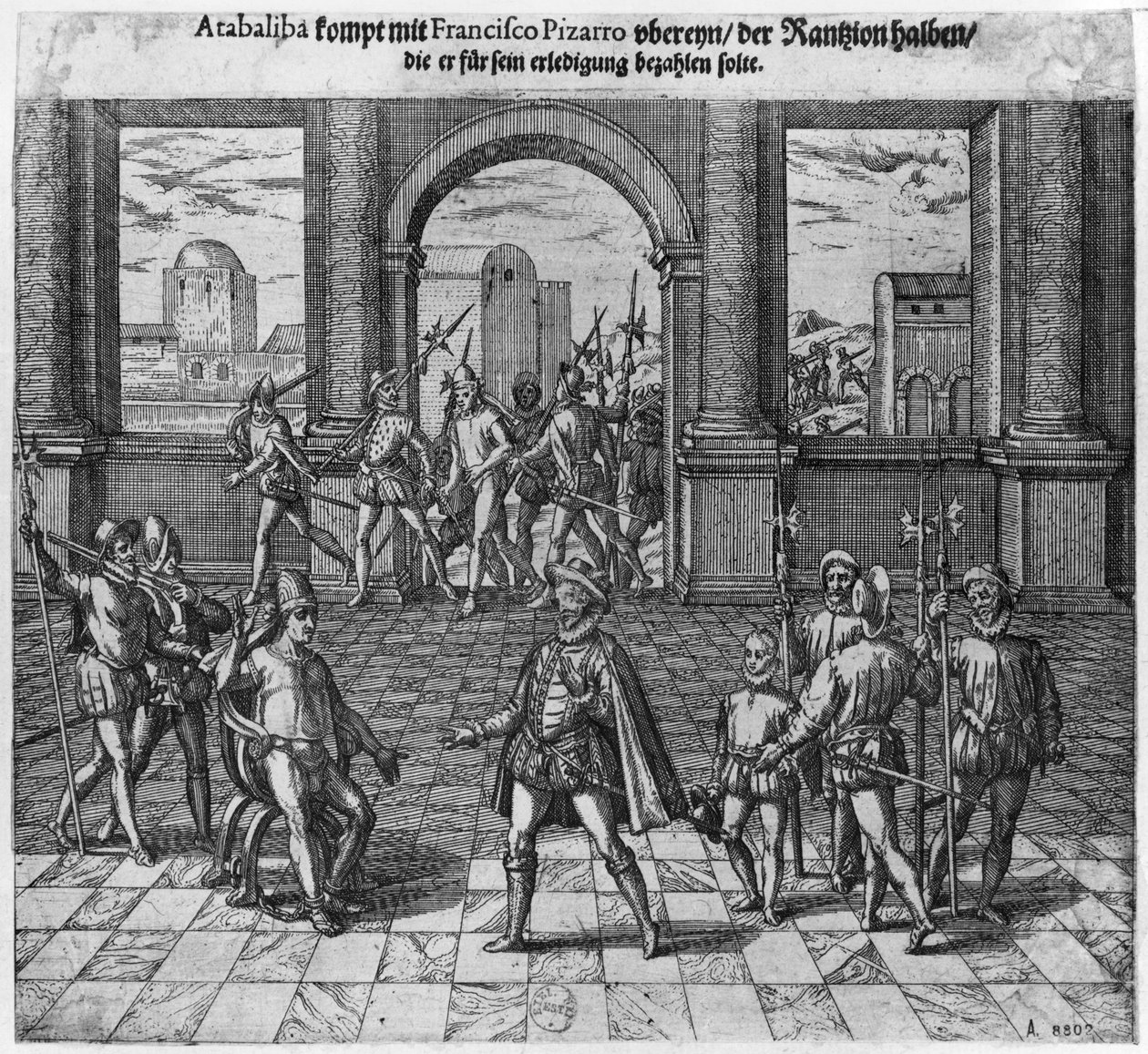 El rey Atahualpa (c.1502-33) negociando su rescate con Francisco Pizarro, 1533 de Theodore de Bry