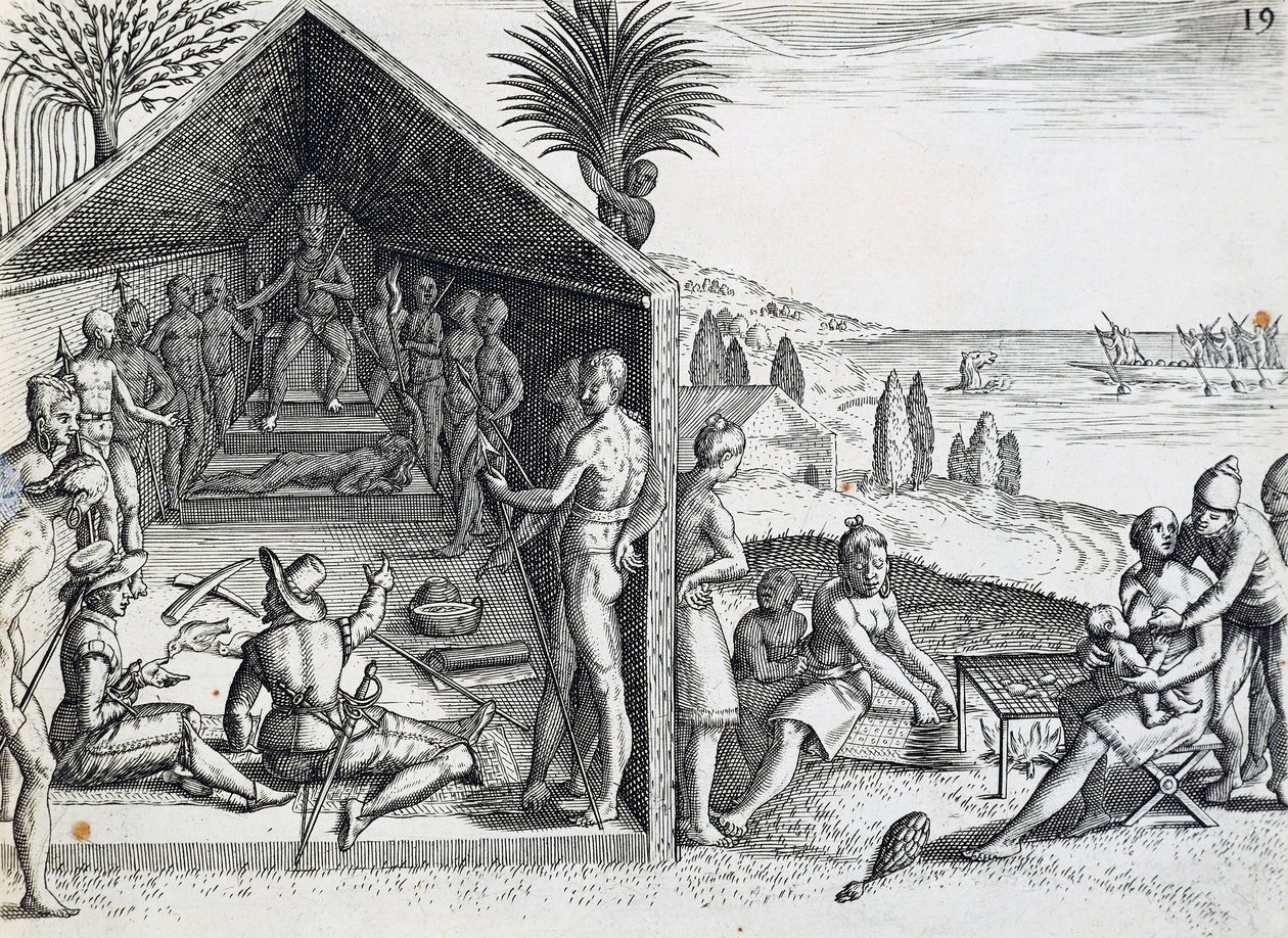 Rey recibiendo visitantes europeos, Cabo López, Gabón, grabado de India orientalis por Theodor de Bry, África de Theodore de Bry