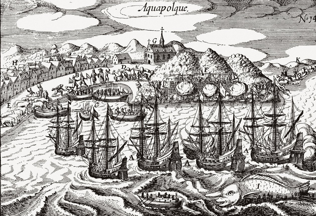 México, Vista de Acapulco - México (Aquapolque), Theodore de Bry, ca. 1630. Vista temprana del asentamiento colonial en Acapulco, que los españoles usaban como el principal puerto para su comercio del Pacífico con Filipinas. El puerto está lleno de galeon de Theodore de Bry