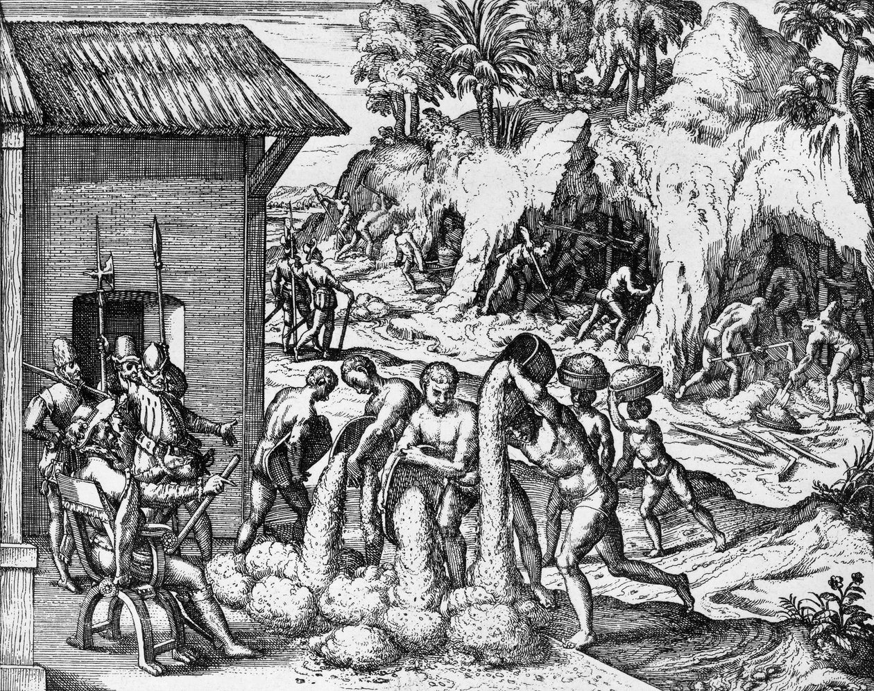 Minería de minerales en América Central y del Sur, grabado de Americae pars V, por Theodor de Bry de Theodore de Bry