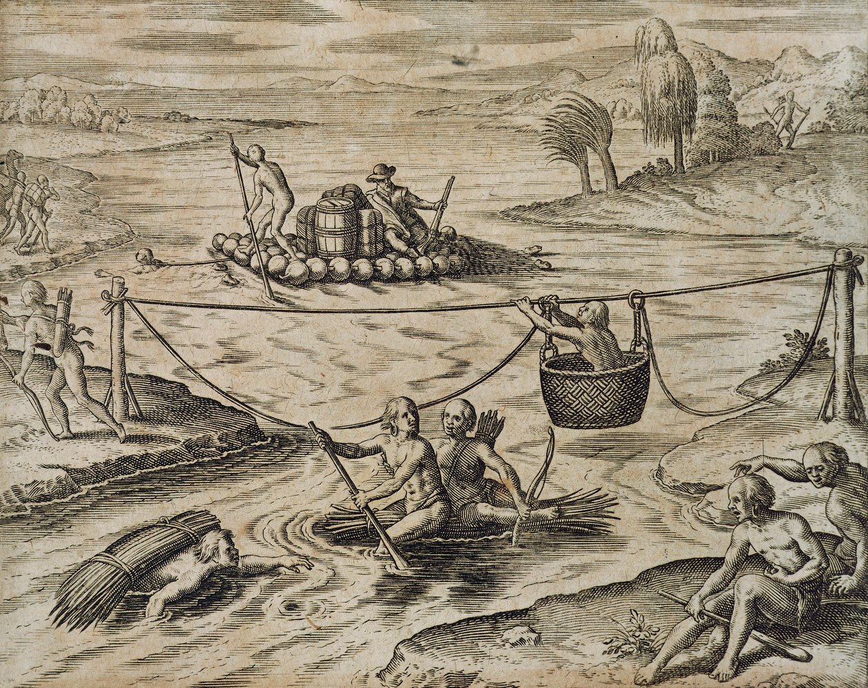 Indios nativos americanos bajando rápidos del río de Theodore de Bry
