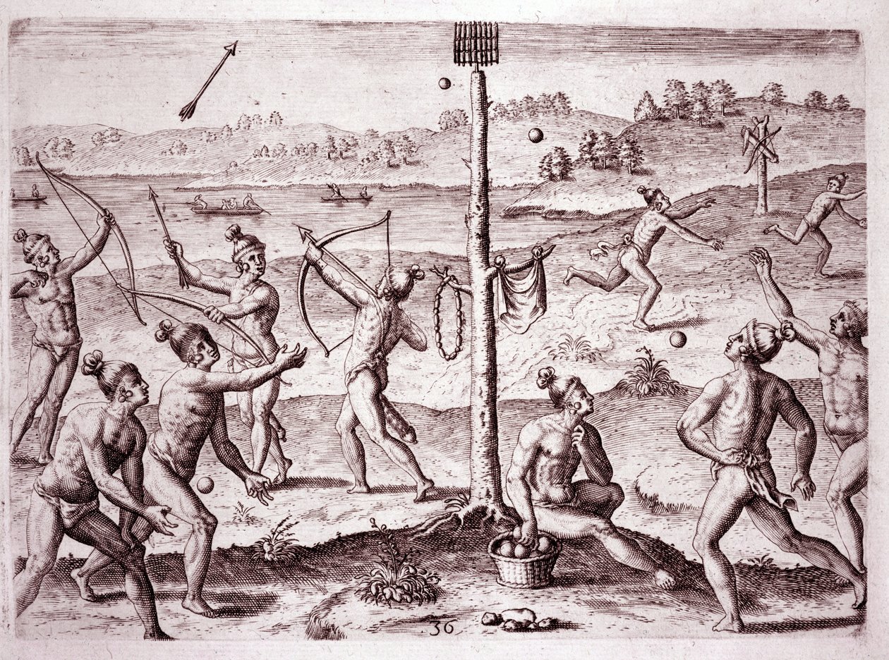 Nativos americanos practicando correr, disparar flechas y lanzar pelotas, Florida (Grabado) de Theodore de Bry