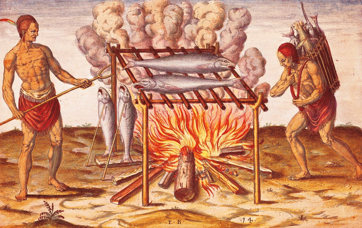 Cómo los indios cocinan pescado, Ilustración del Admiranda Narratio de Theodore de Bry