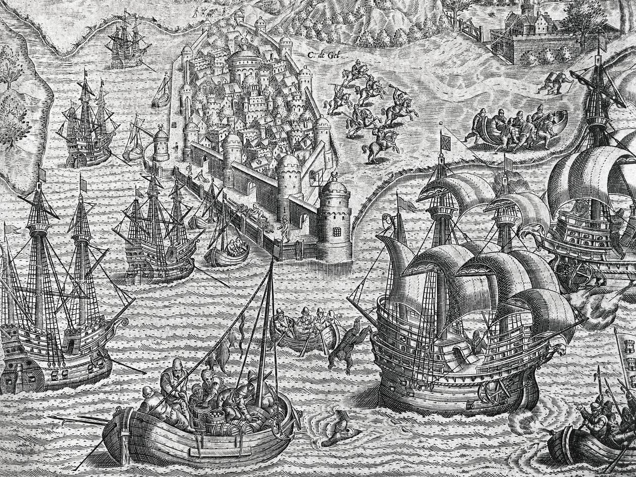Batalla naval, grabado de Historia Americana por Theodore de Bry, Frankfurt de Theodore de Bry