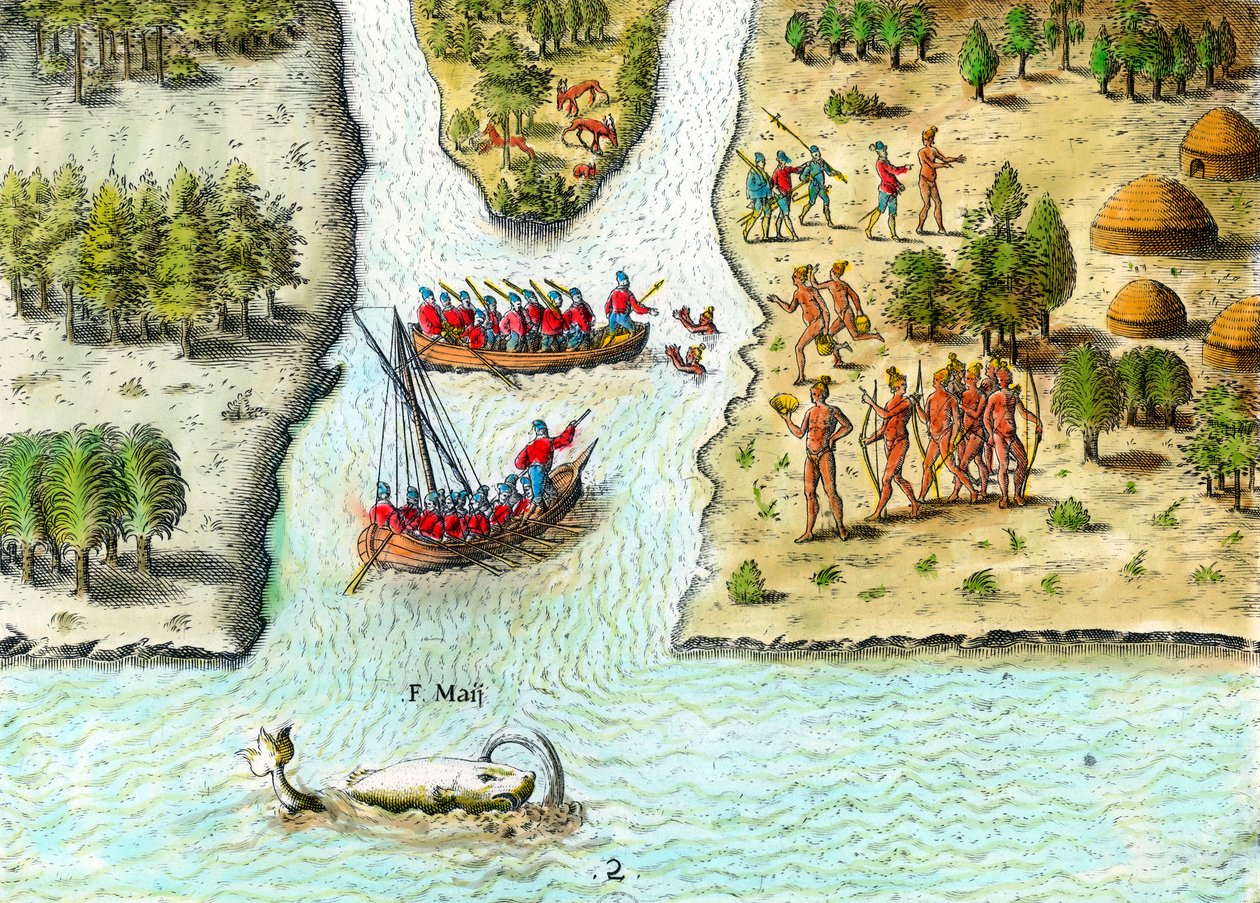 Navegación de los franceses en América del Sur en el siglo XVI. Se representa una ballena (Grabado de Historia de América por Theodore De Bry, siglo XVI, colección privada) de Theodore de Bry