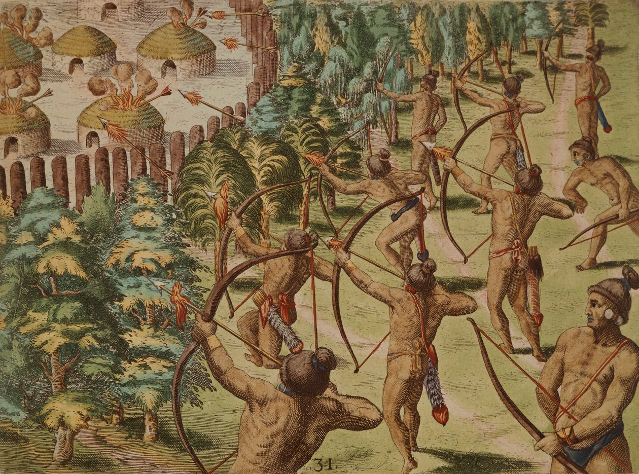 Ataque nocturno a una aldea india con flechas incendiarias de Theodore de Bry