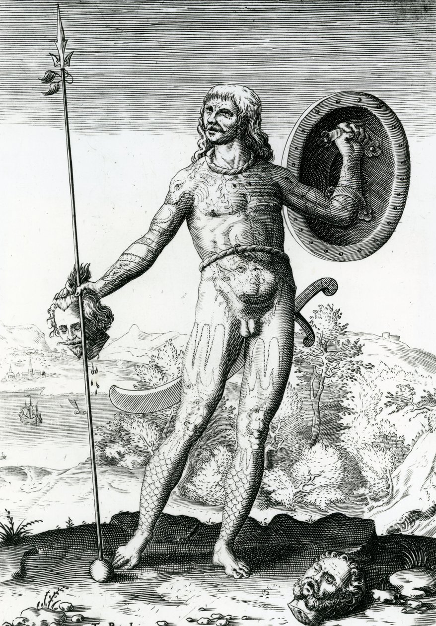 Hombre Pictish sosteniendo una Cabeza Humana de Theodore de Bry