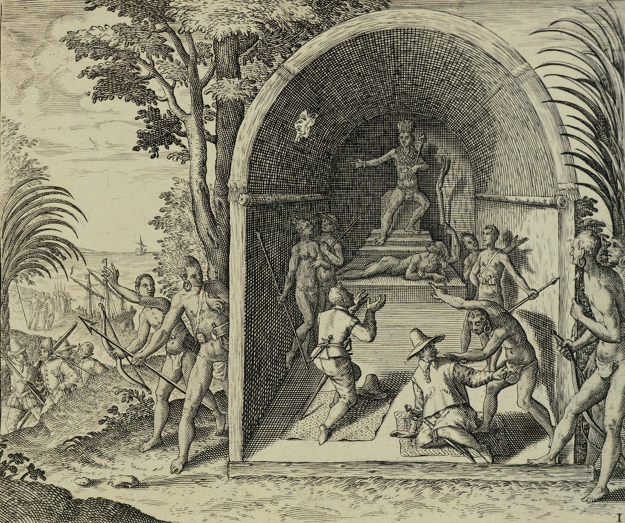 Navegantes portugueses llegando a Etiopía, Ilustración de Indiae Orientalis por Antonio Pigafetta, por Theodore de Bry de Theodore de Bry