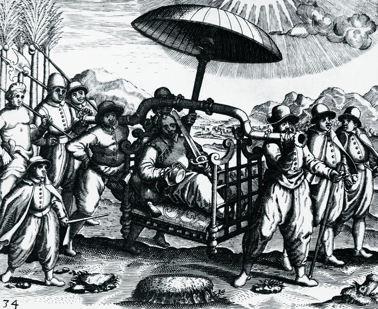 Portugueses en India, siendo transportados en litera, grabado de Peregrinationes, por Theodor de Bry (1528-1598), India de Theodore de Bry
