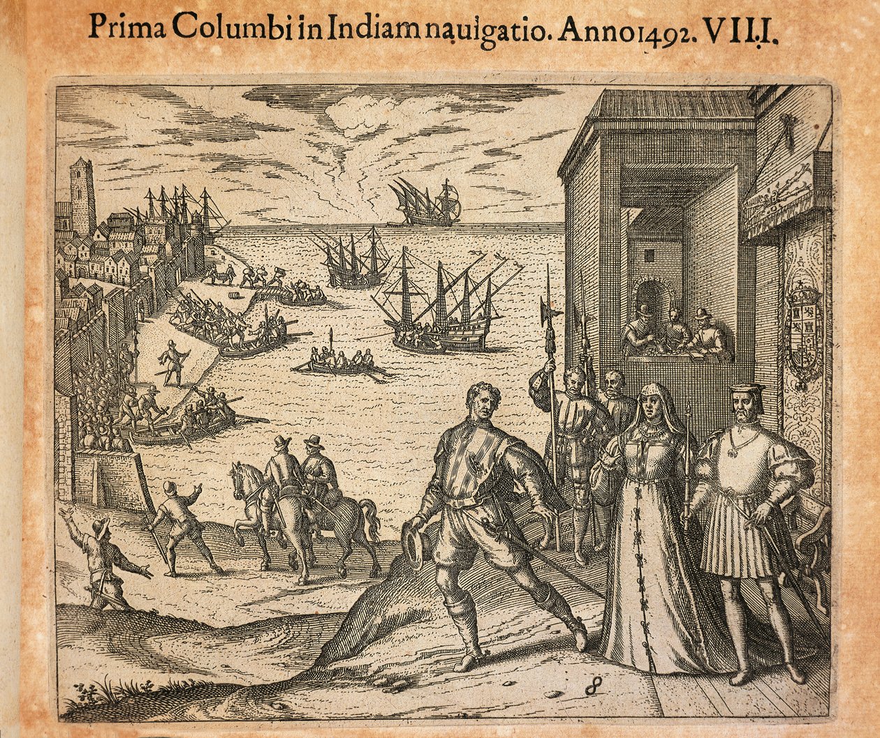 La reina Isabel y el rey Fernando saludando la partida de Cristóbal Colón en Palos, España de Theodore de Bry