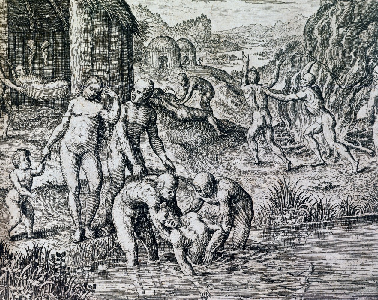 Remedios utilizados por los nativos contra enfermedades, grabado de Historia America, de Theodor de Bry, Frankfurt de Theodore de Bry