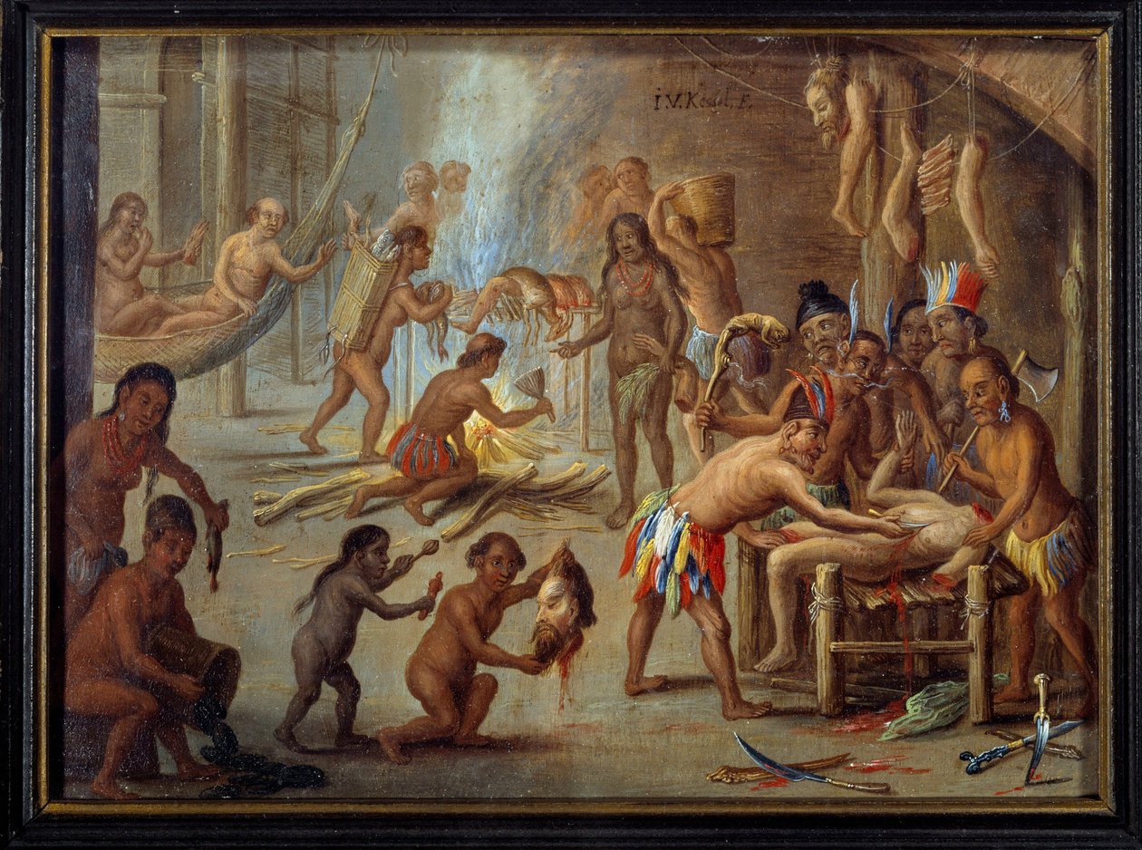 Escena de canibalismo en Brasil en 1644. Los indios devoraban a sus enemigos y prisioneros. Pintura de Jan van Kessel el viejo, de una ilustración de los viajes de Theodore de Bry a Brasil de Theodore de Bry