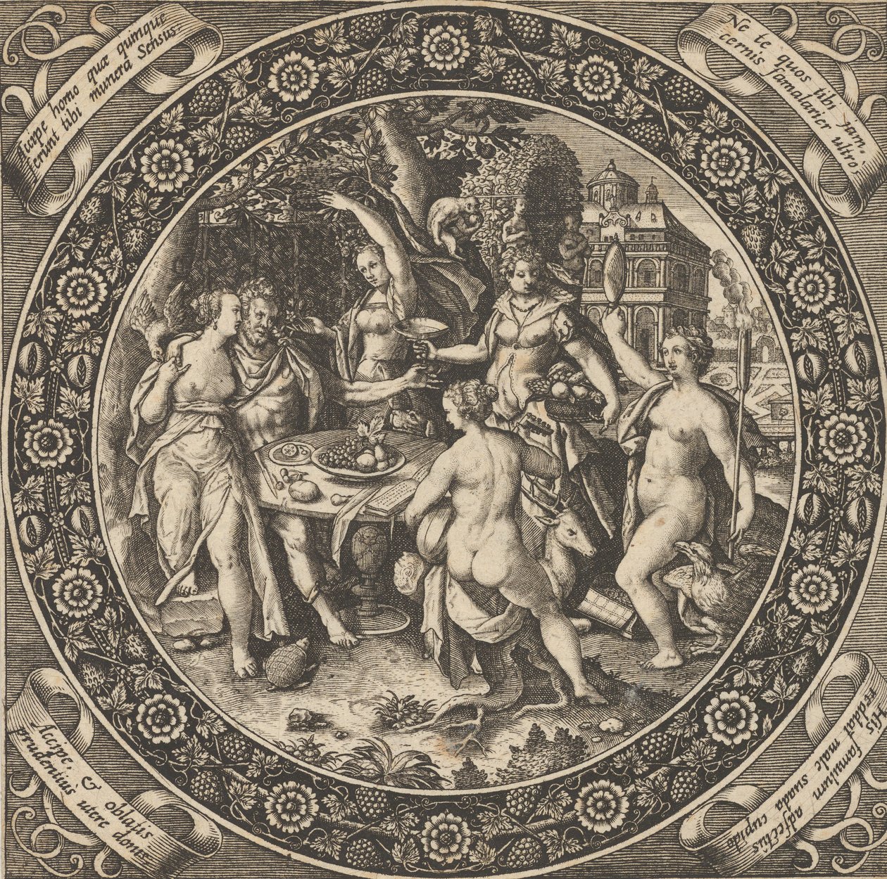 Escena con una fiesta de amor en un círculo en el centro, 1580-1600 de Theodore de Bry