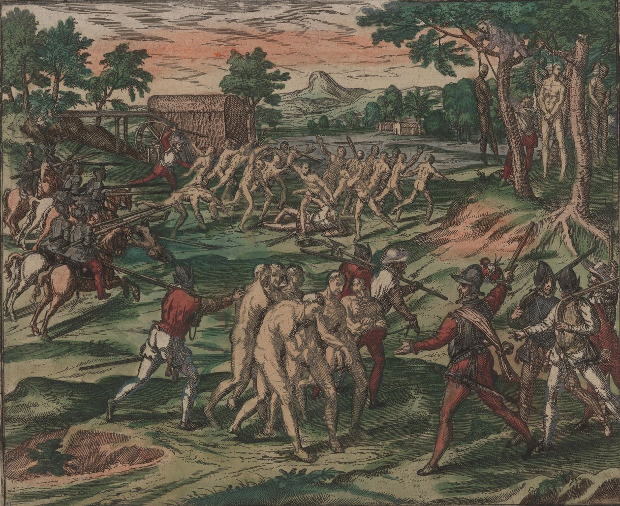 Los esclavos intentan superar a sus dueños españoles, pero son capturados y colgados de los árboles, 1595 de Theodore de Bry