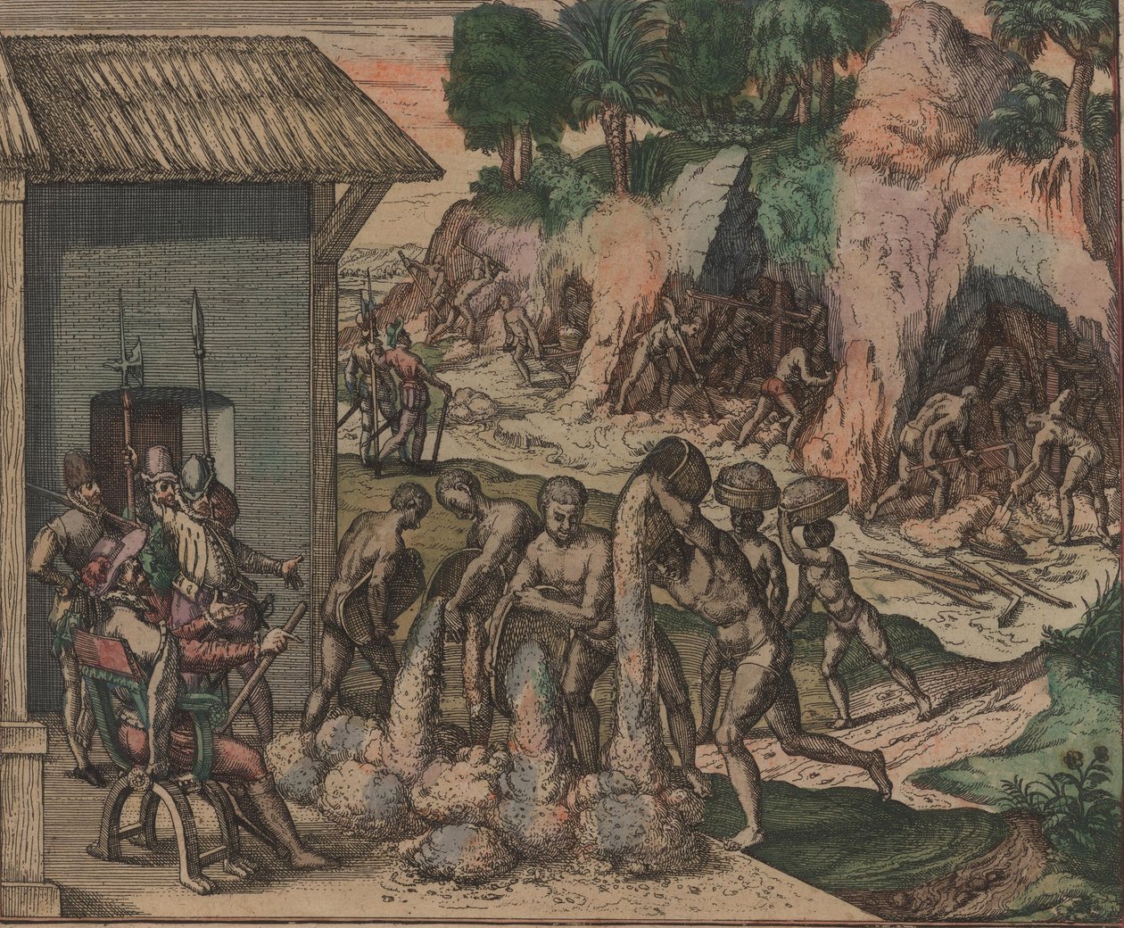 Esclavos vertiendo mineral frente a soldados europeos. En el fondo, esclavos trabajando en las minas, 1595 de Theodore de Bry