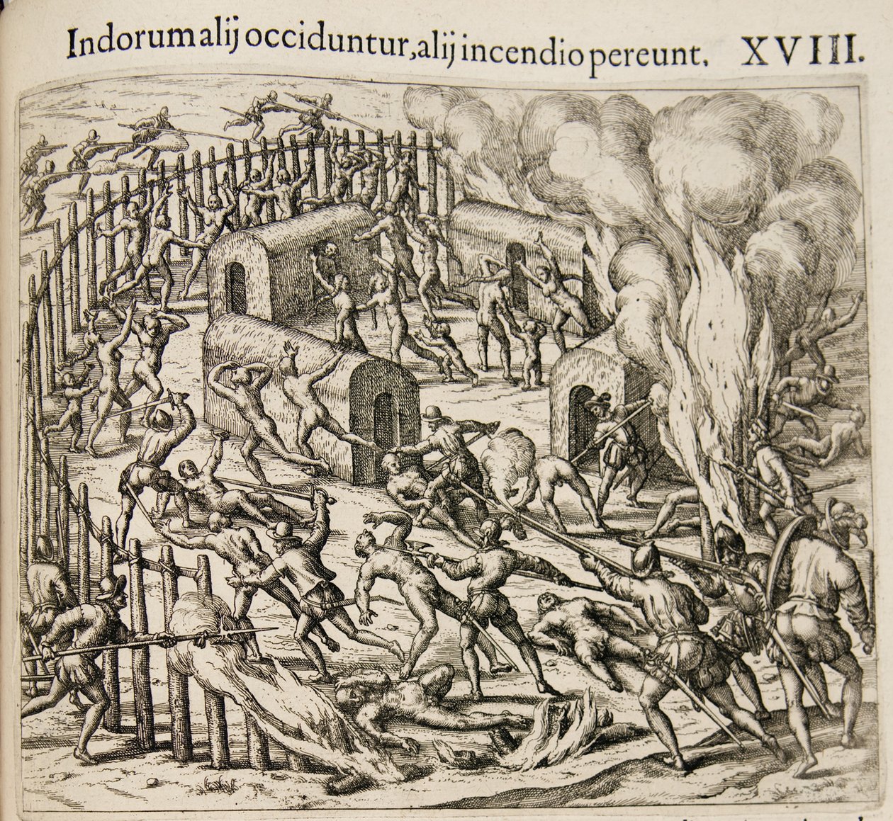 Algunos indios son asesinados, algunos perecen en un incendio. De: Americae pars qvarta de Theodore de Bry