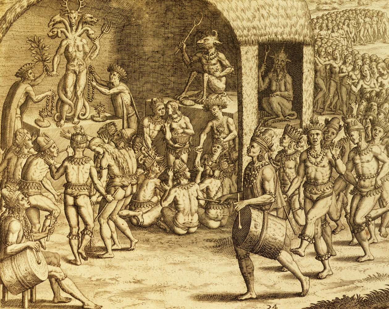 Rito religioso indígena sudamericano, grabado de Historia americae, por Theodor de Bry (1528-1598), Frankfurt de Theodore de Bry