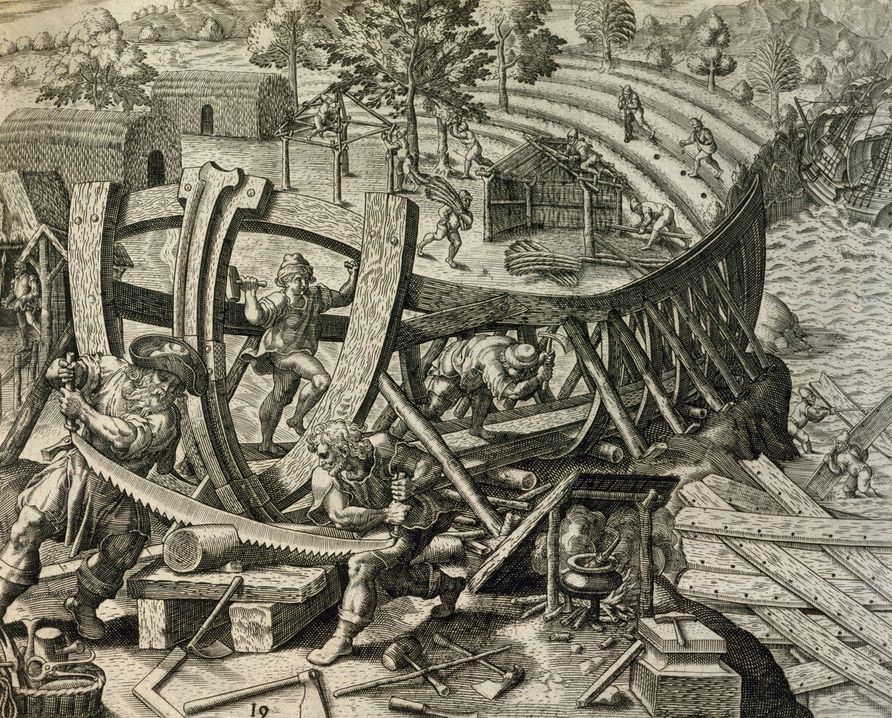 Marineros españoles construyendo carabela, grabado de Historia Americae, por Theodor de Bry (1528-1598) de Theodore de Bry