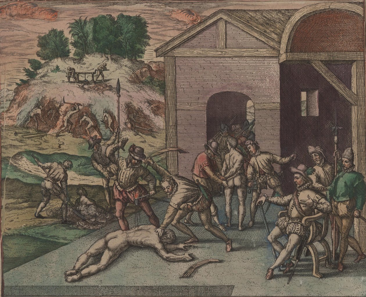 Soldados españoles observan y llevan a cabo el castigo de un esclavo, 1595 de Theodore de Bry