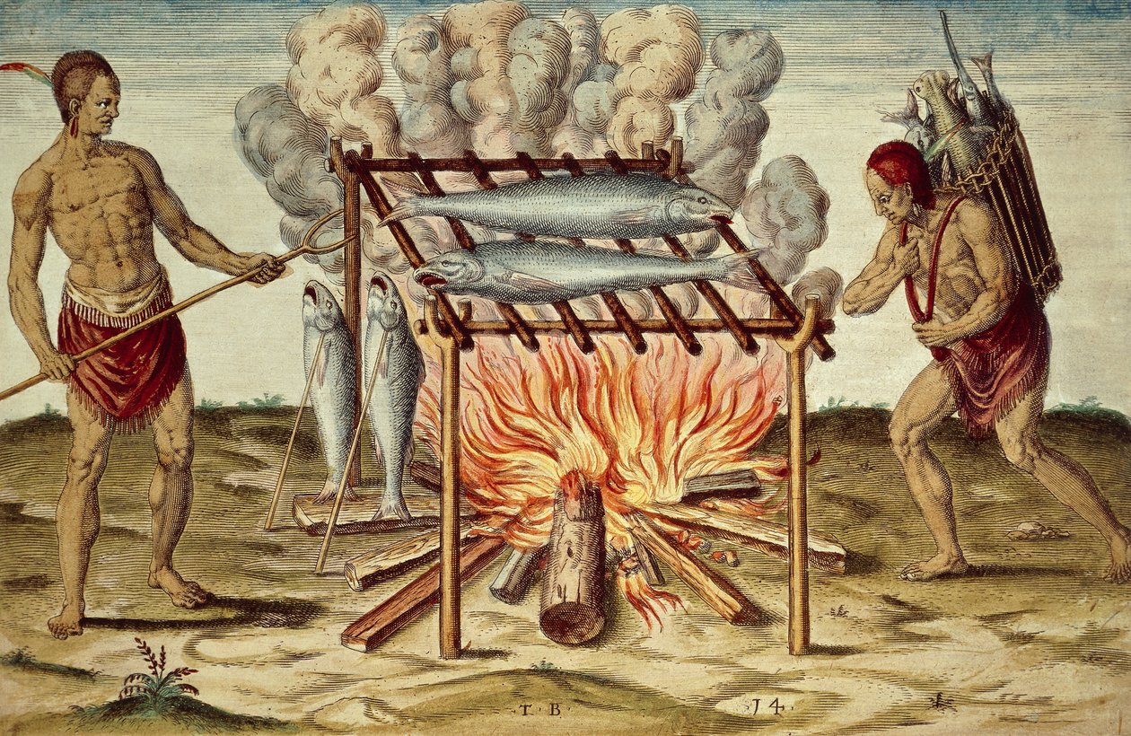 Nativos taínos cocinando pescado, grabado en color por Theodor de Bry (1528-1598) de una pintura de John White, de Brief and true report of new found land of Virginia de Theodore de Bry