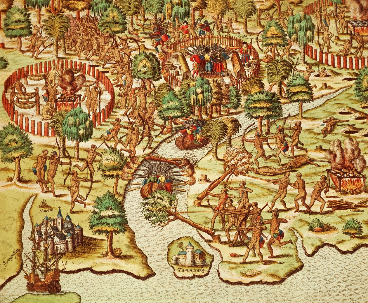 Técnicas de asedio y ataque, grabado por Theodor de Bry (1528-1598), de Americae tertia pars de Theodore de Bry