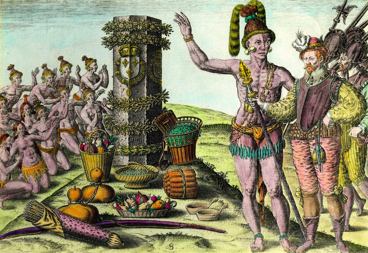 Los floridanos llegaron a la columna erigida por el navegante francés Jean Ribault (1520-1565) de la primera expedición a Florida. Grabado de “Historia de América” por Theodore De Bry (1528-1598) Siglo XVI. Colección privada de Theodore de Bry