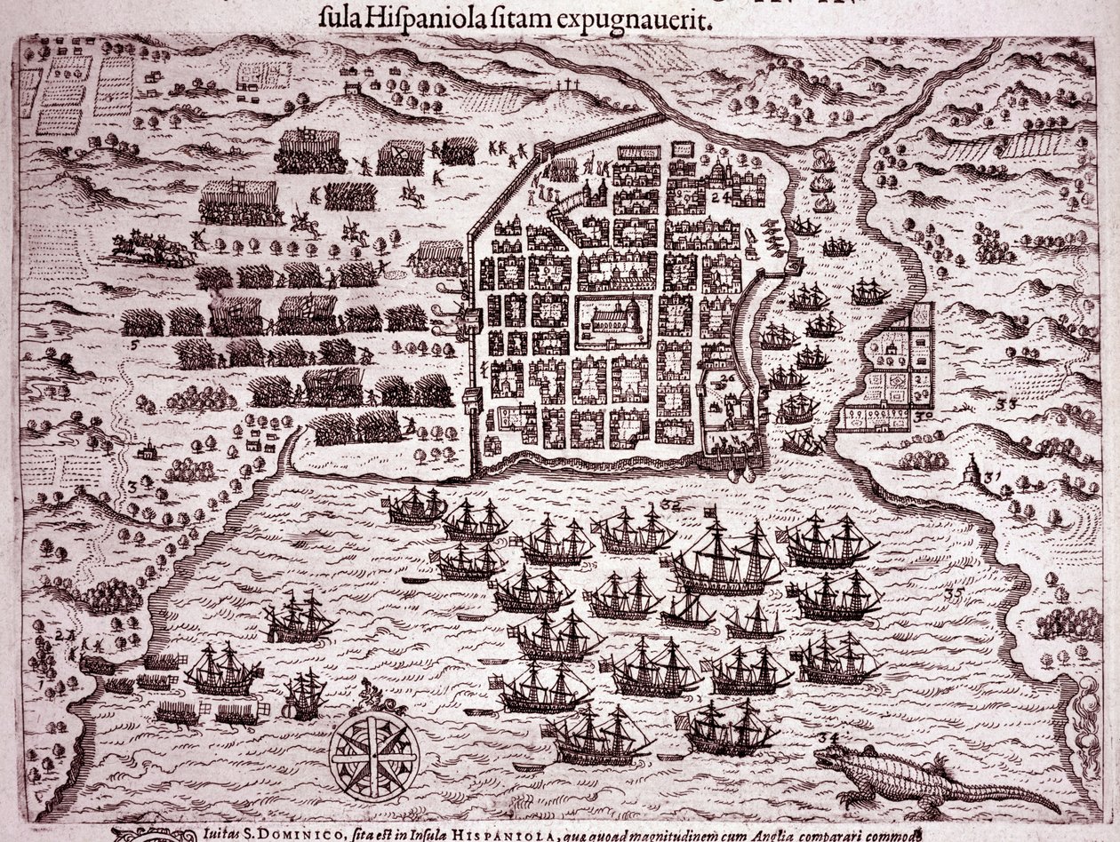 La flota de Francis Drake ocupa la isla de Santo Domingo (Grabado) de Theodore de Bry