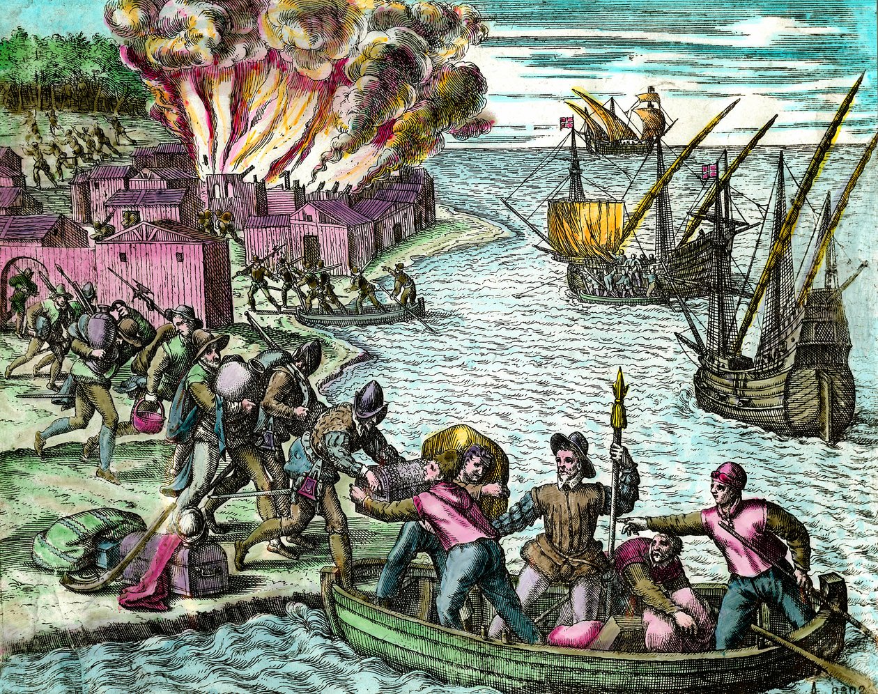 Los franceses saquean y queman la ciudad de Chioreran. Grabado de “Historia de América” de Theodore de Bry, siglo XVI. Colección privada de Theodore de Bry
