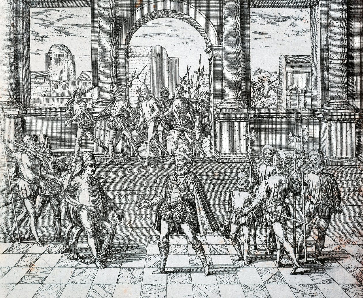 El rey inca Atahualpa siendo capturado por los españoles en Cajamarca, Ilustración de Historia Americana por Theodore de Bry de Theodore de Bry