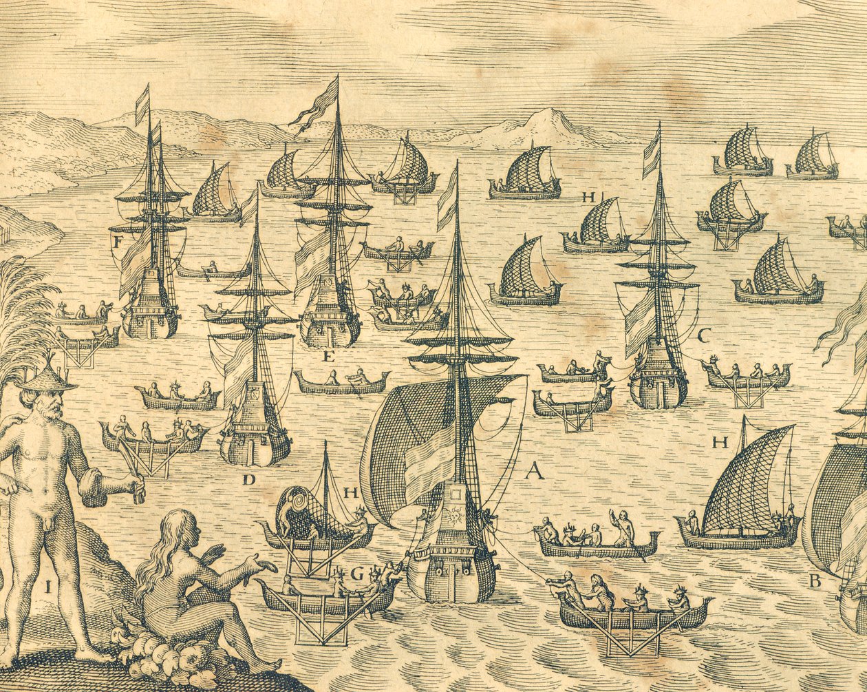 La Isla de los Ladrones, grabado de la Historia Americana de Theodore de Bry, América del Norte, siglo XVII de Theodore de Bry
