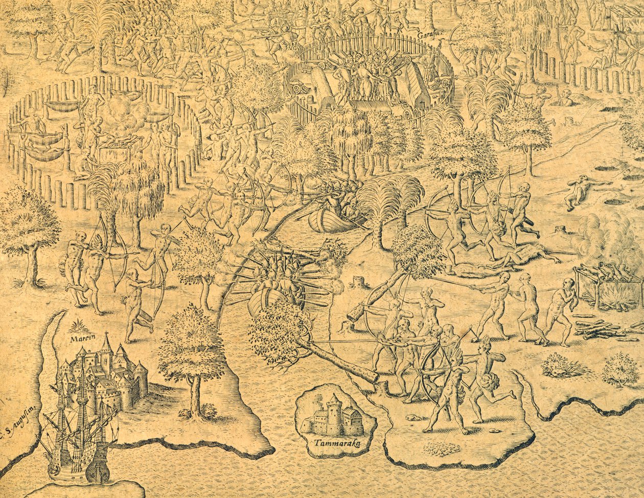 Los portugueses avanzan hacia el interior y son atacados por una tribu local de Theodore de Bry