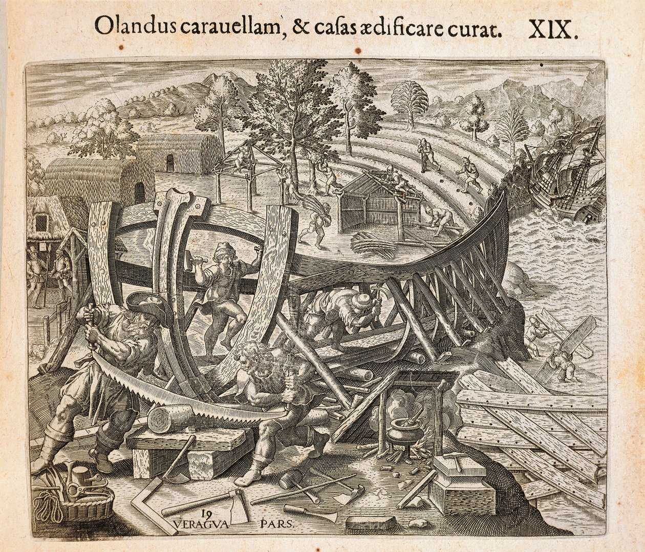 Los españoles construyendo su primer barco en el Nuevo Mundo de Theodore de Bry