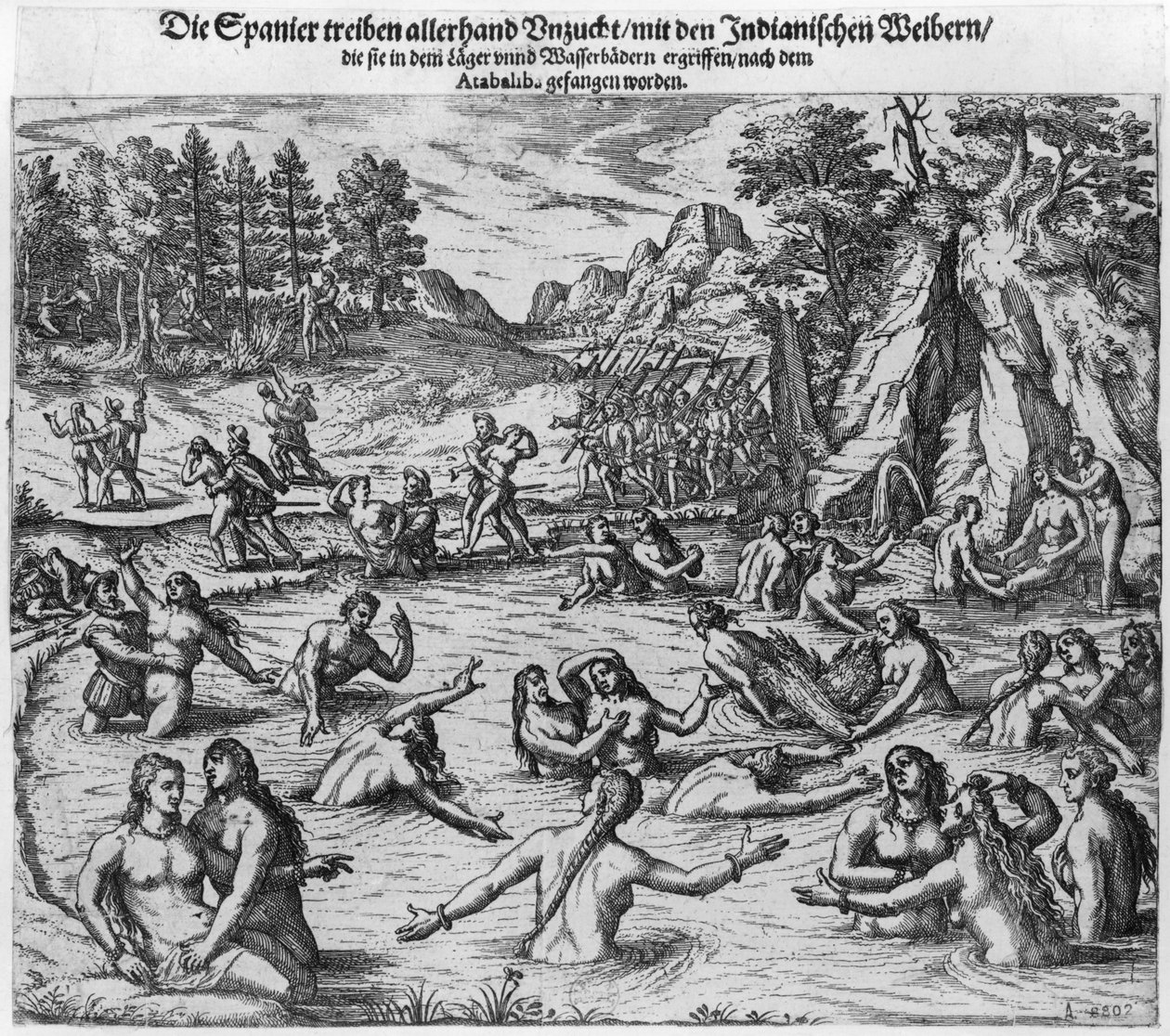 Los españoles abusando de las mujeres indias después de la captura del Rey Atahualpa (c.1502-33) en 1532 de Theodore de Bry