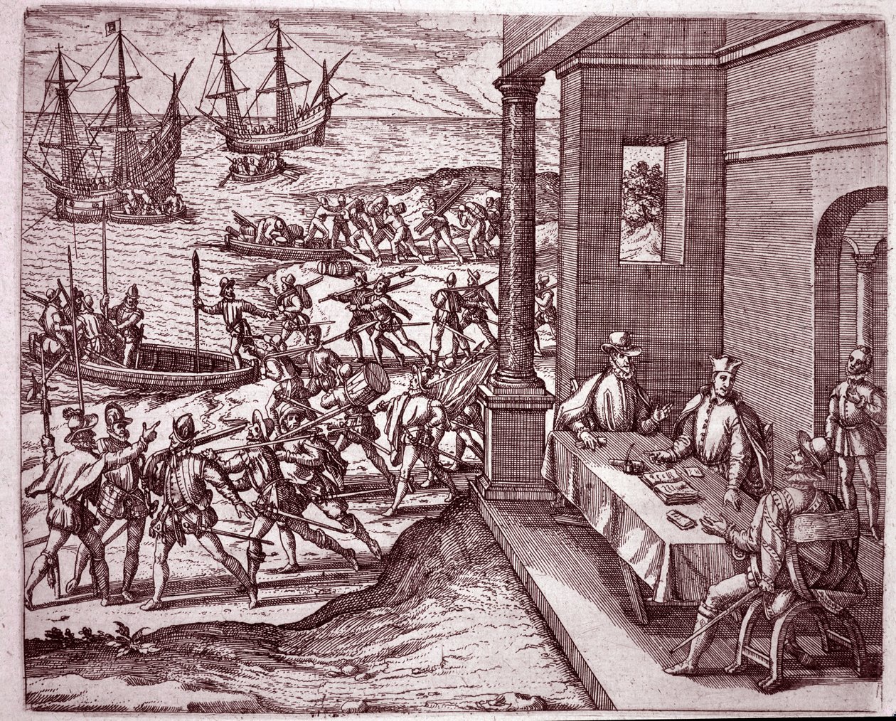 Los conquistadores españoles Francisco Pizarro, Diego de Almagro y Hernando de Luque unieron fuerzas para conquistar Perú (grabado) de Theodore de Bry
