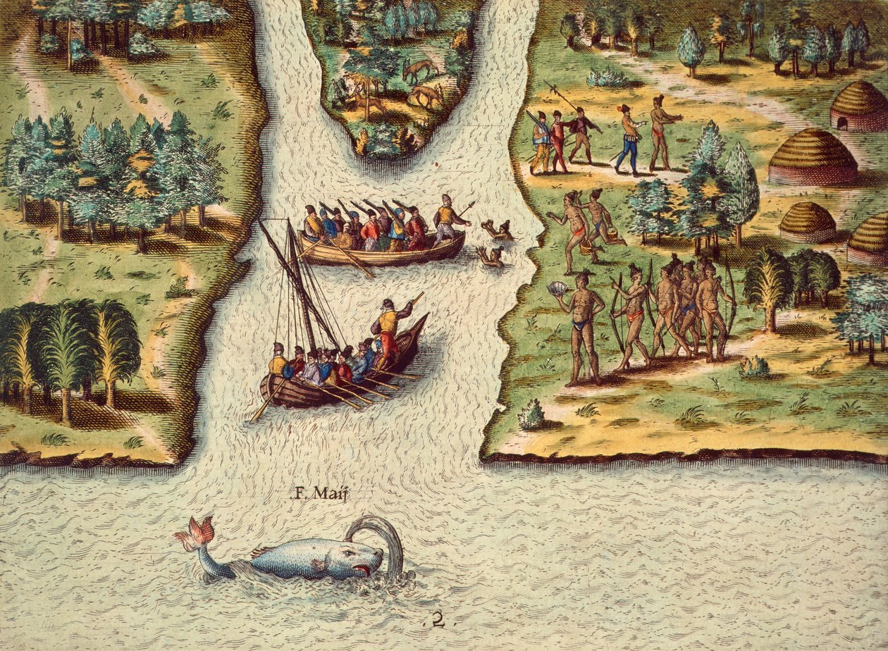 La llegada de los franceses, grabado de Theodore de Bry, del Discurso de Florida de Theodore de Bry