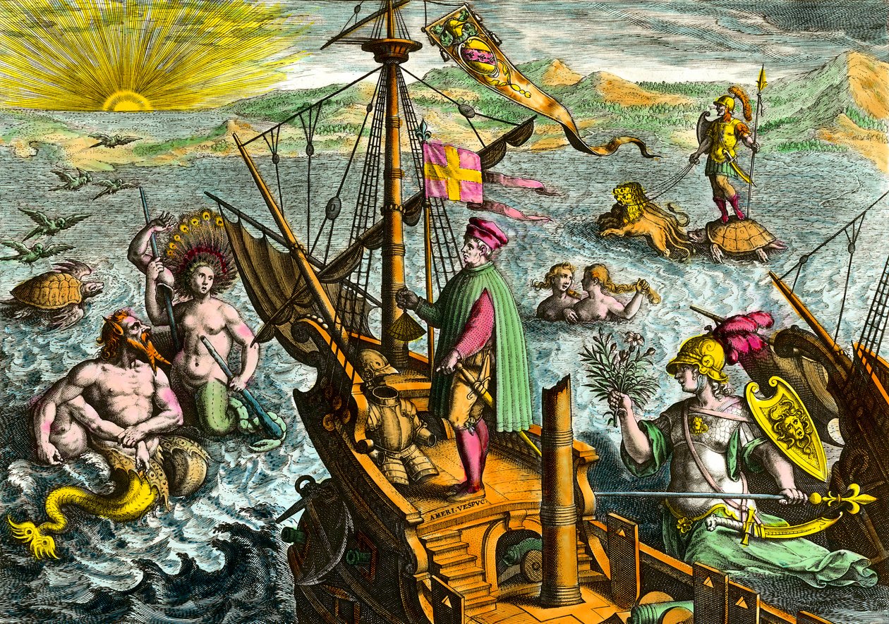 El barco del navegante italiano Amerigo Vespucci (1454 - 1512) de Theodore de Bry