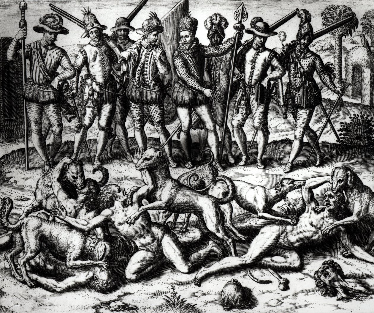 Los perros de Vasco Núñez de Balboa (1475-1571) atacando a los indios de Theodore de Bry
