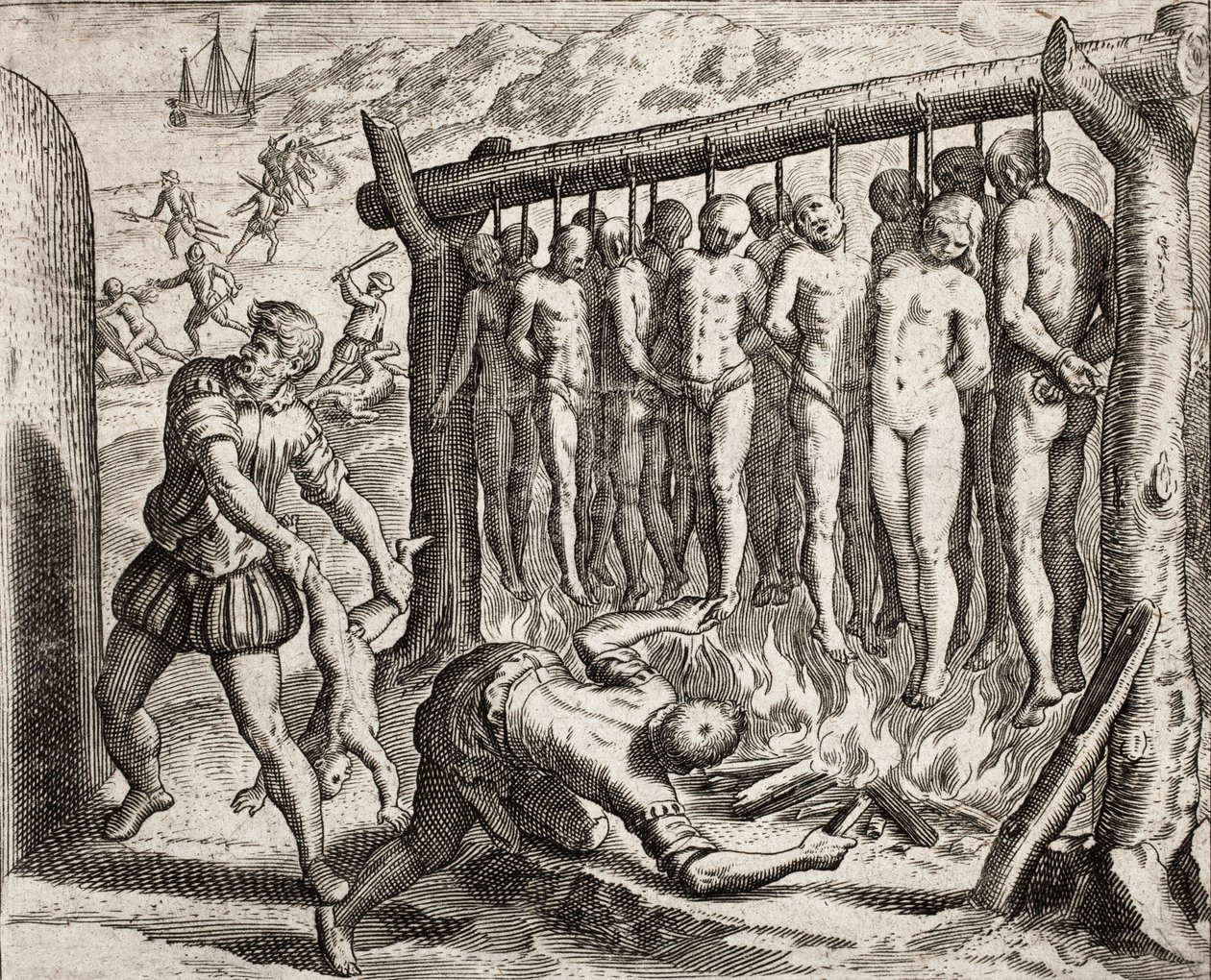 Trece víctimas ahorcadas y quemadas, representación de crímenes infligidos a los indios por colonos españoles de 