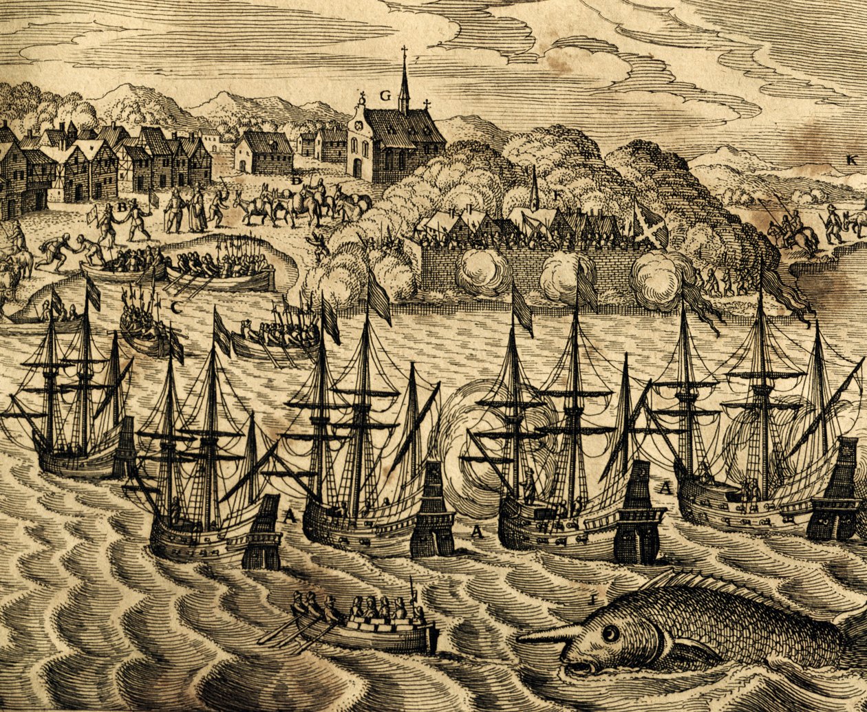 Vista del puerto de Acapulco en México, grabado de Historia Americae, por Theodor de Bry (1528-1598), Frankfurt de Theodore de Bry