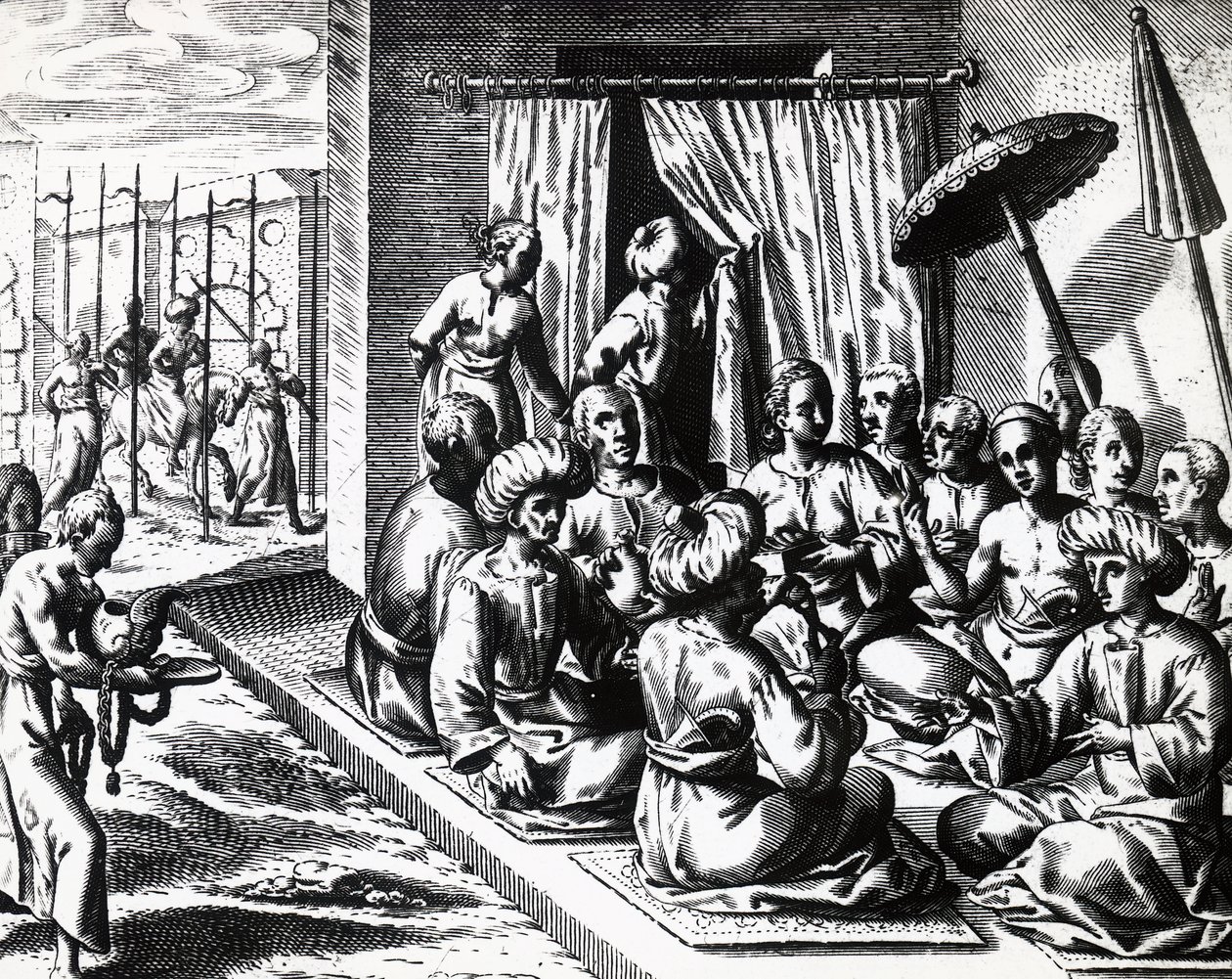Ceremonia de boda en Bantam, Isla de Java, por Theodor de Bry, grabado de Theodore de Bry