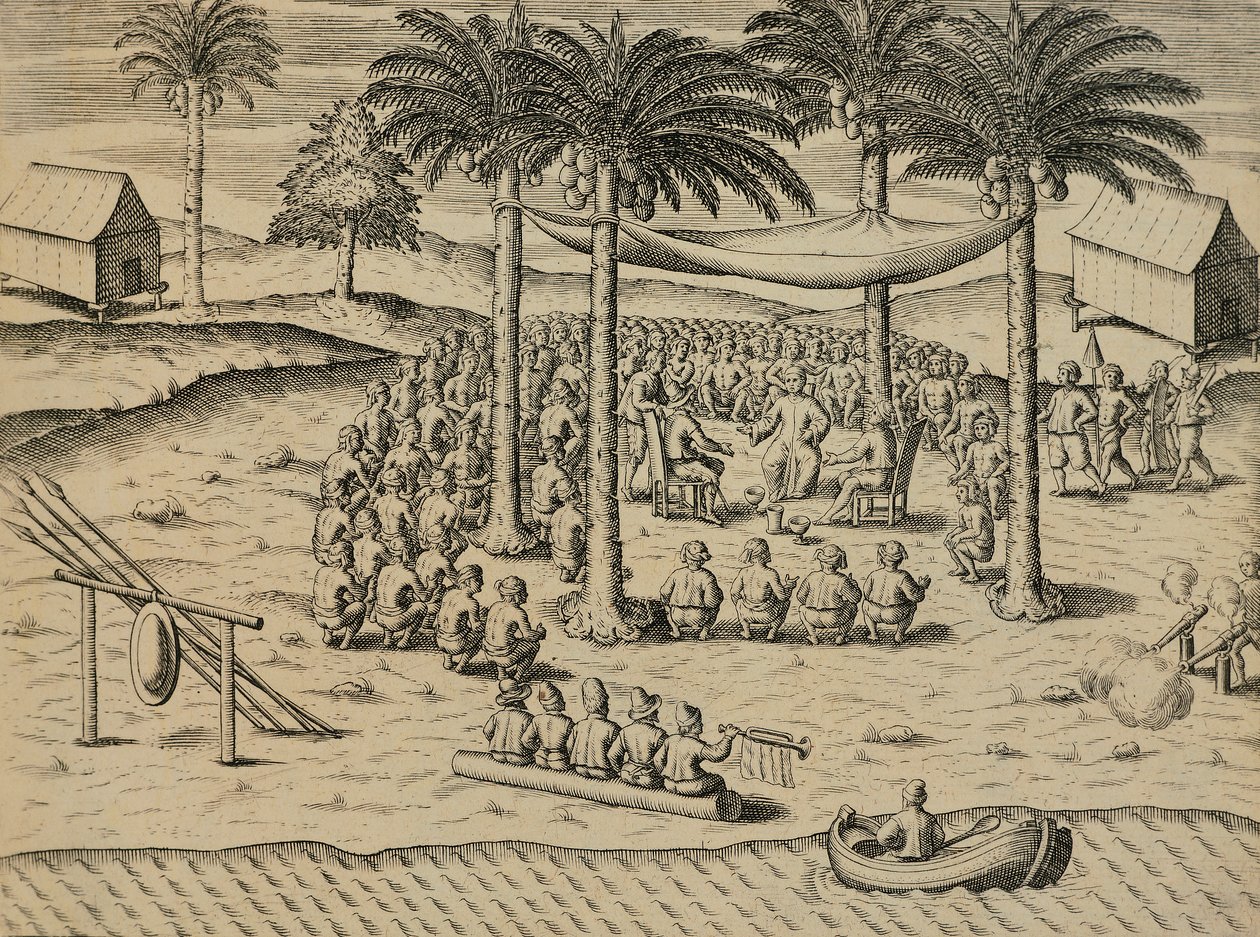 Bienvenida de los nativos africanos indígenas, Ilustración del Indiae Orientalis de Antonio Pigafetta, por Theodore de Bry de Theodore de Bry