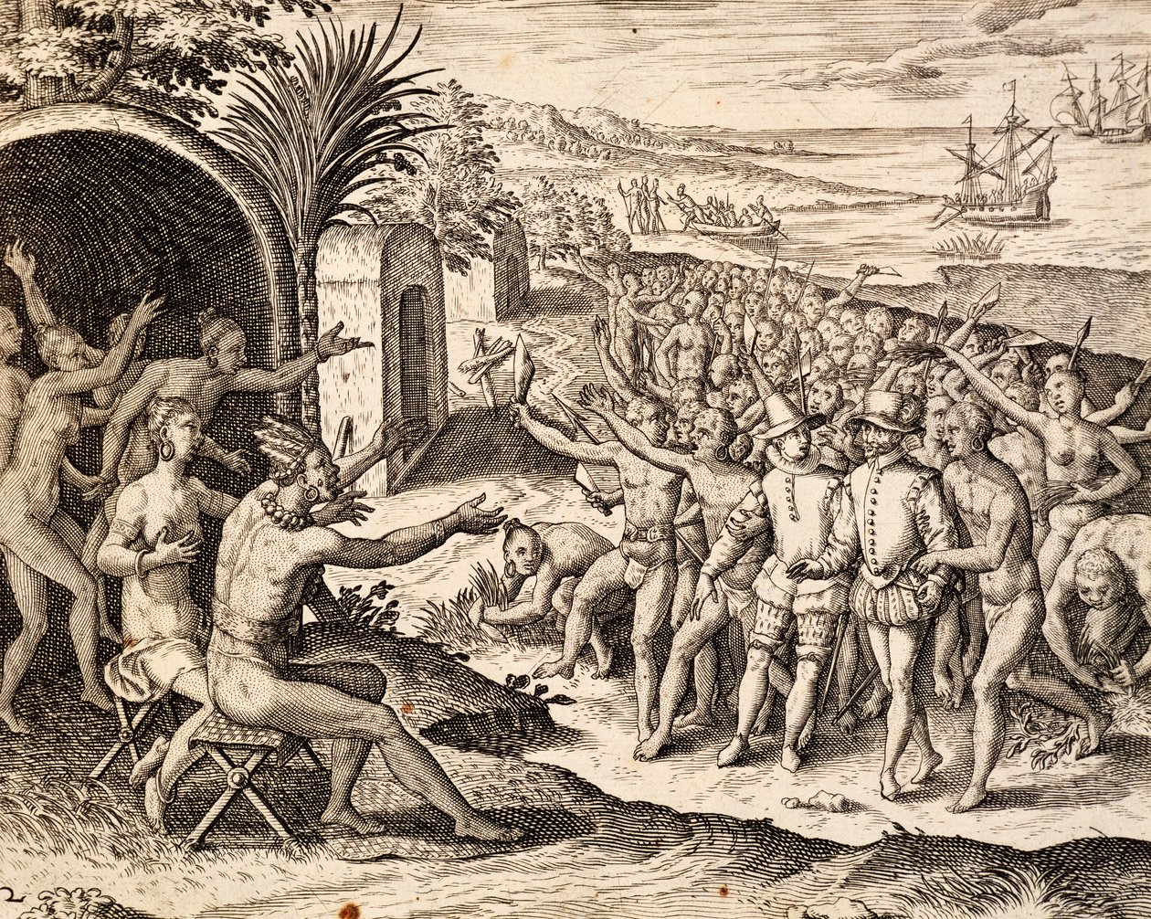 Bienvenida a los holandeses, grabado de la obra India orientalis, por Theodor de Bry (1528-1598), Indonesia de Theodore de Bry