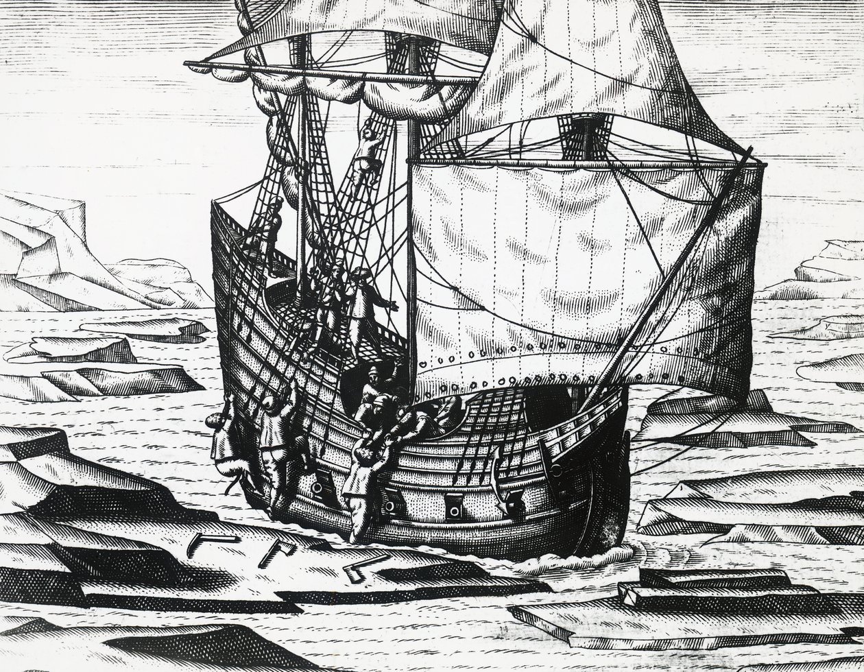 Barco de William Barents durante la tercera expedición holandesa en busca del Paso del Noreste, por Theodor de Bry, grabado de Theodore de Bry