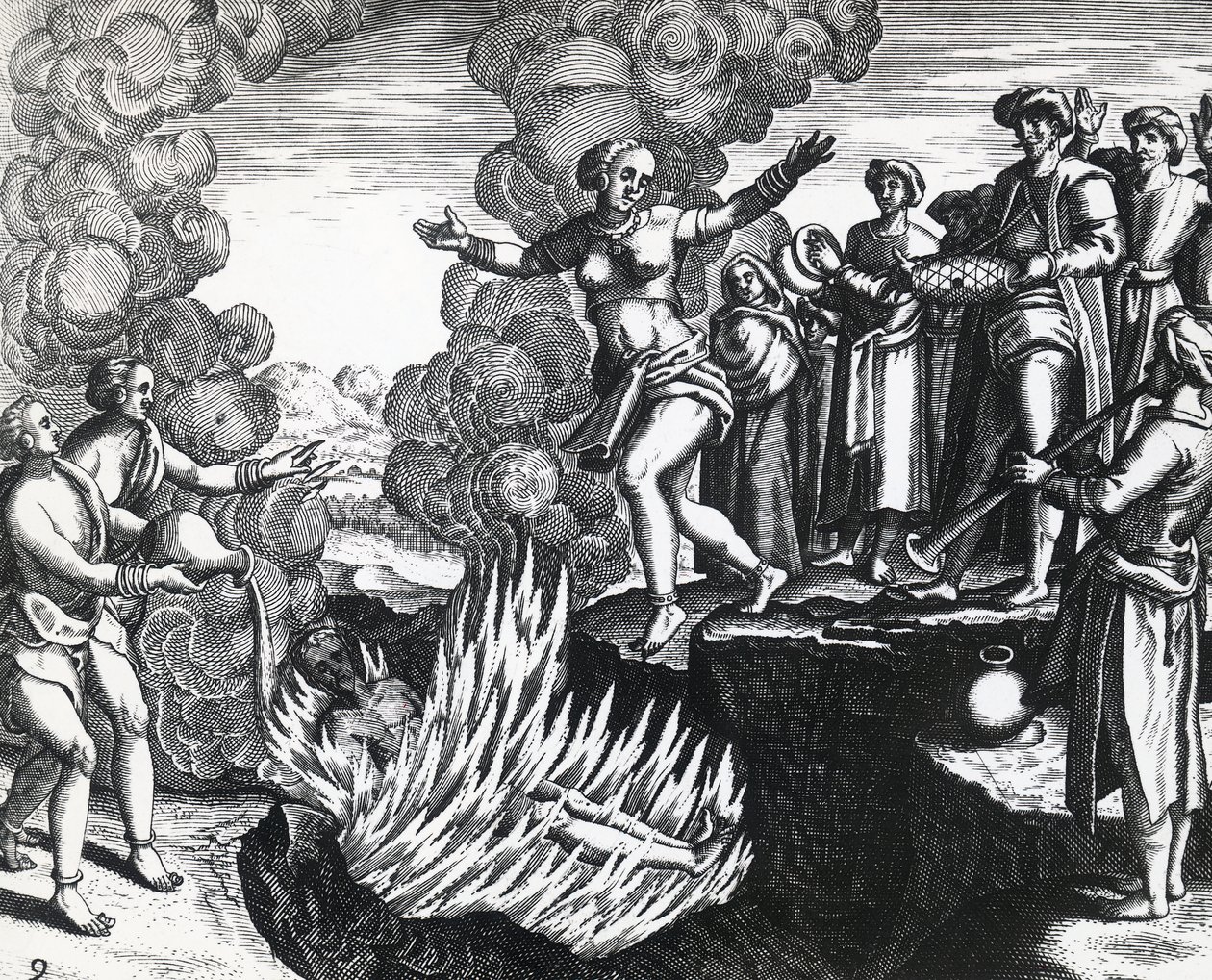 Mujer arrojándose a la pira de su esposo, por Theodor de Bry, grabado de Theodore de Bry